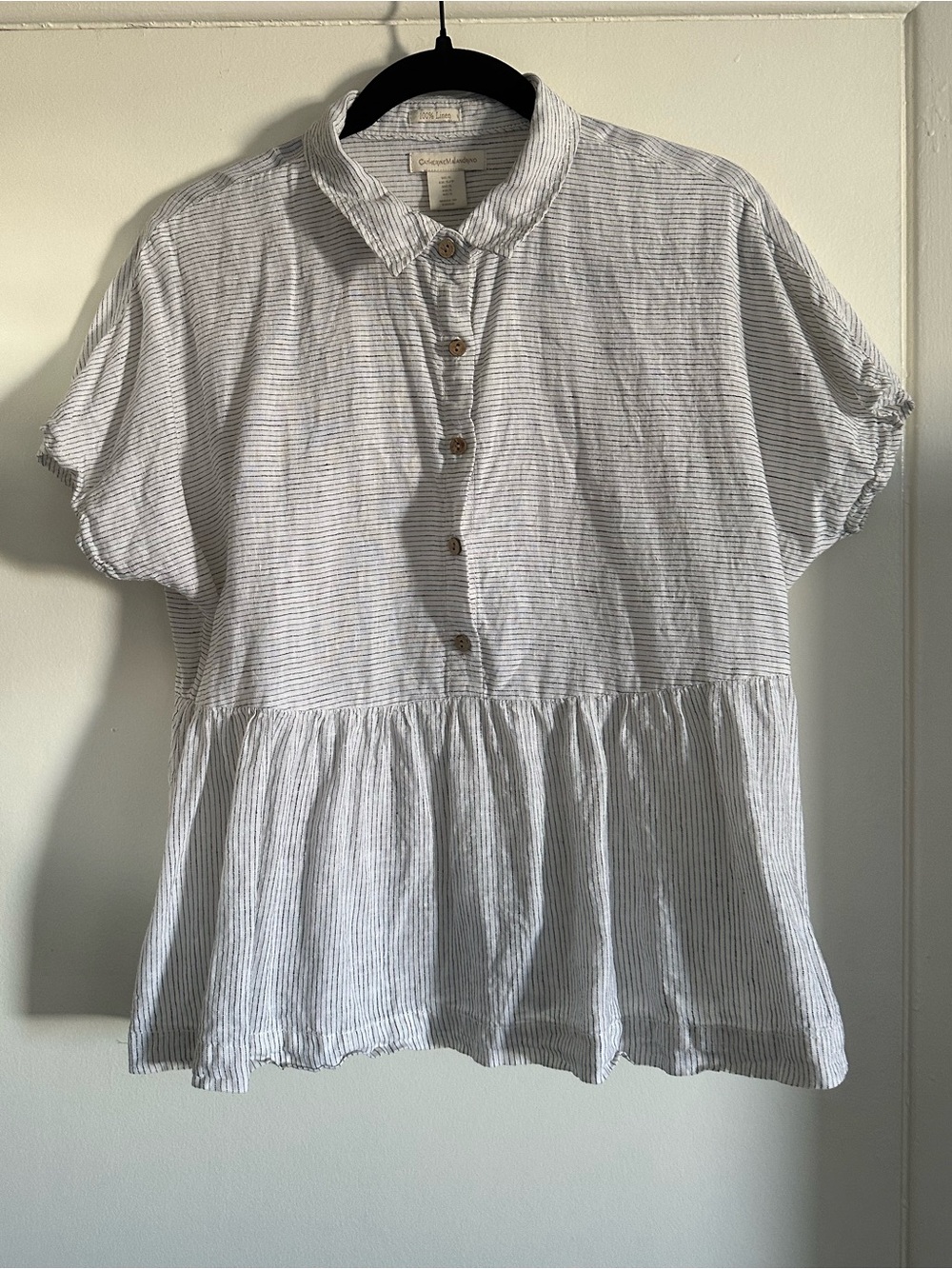 Catherine Malandrino Linen Striped Peplum Button-Up Top Size S
